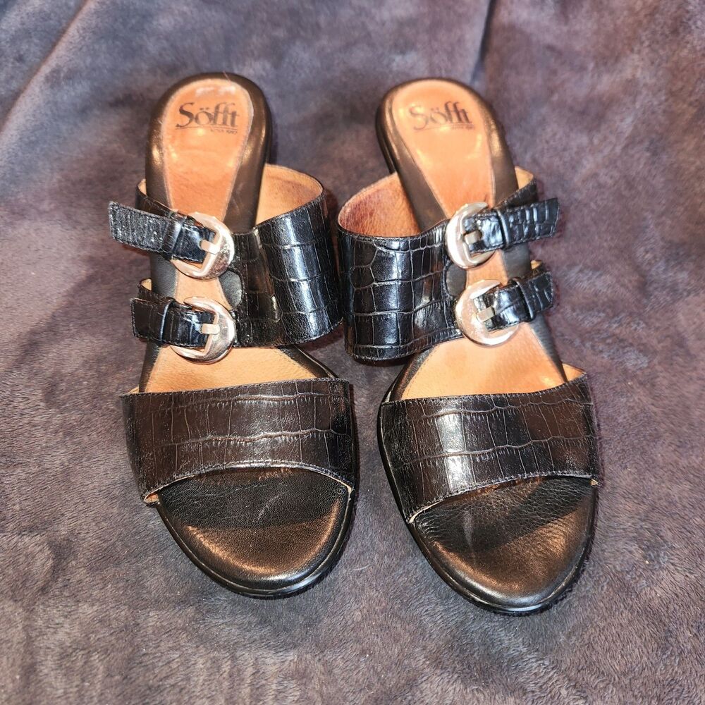 Black Sofft women's leather sandals Heels Size 9M Classic Buckle Detail